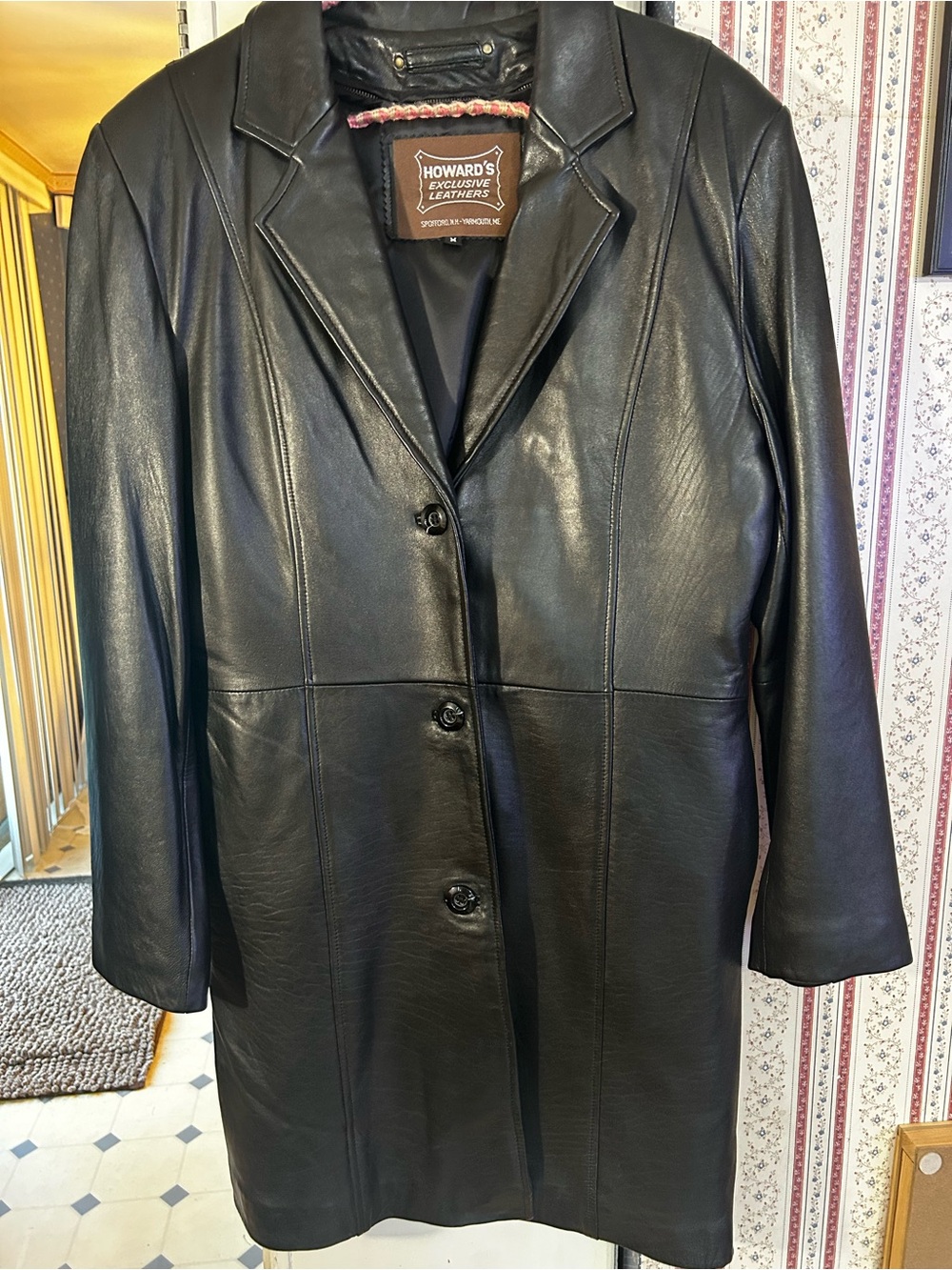 Women's Black Leather Button-Front Coat